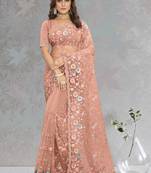 Designer Peach Multi Sequence Embroidery Net Saree