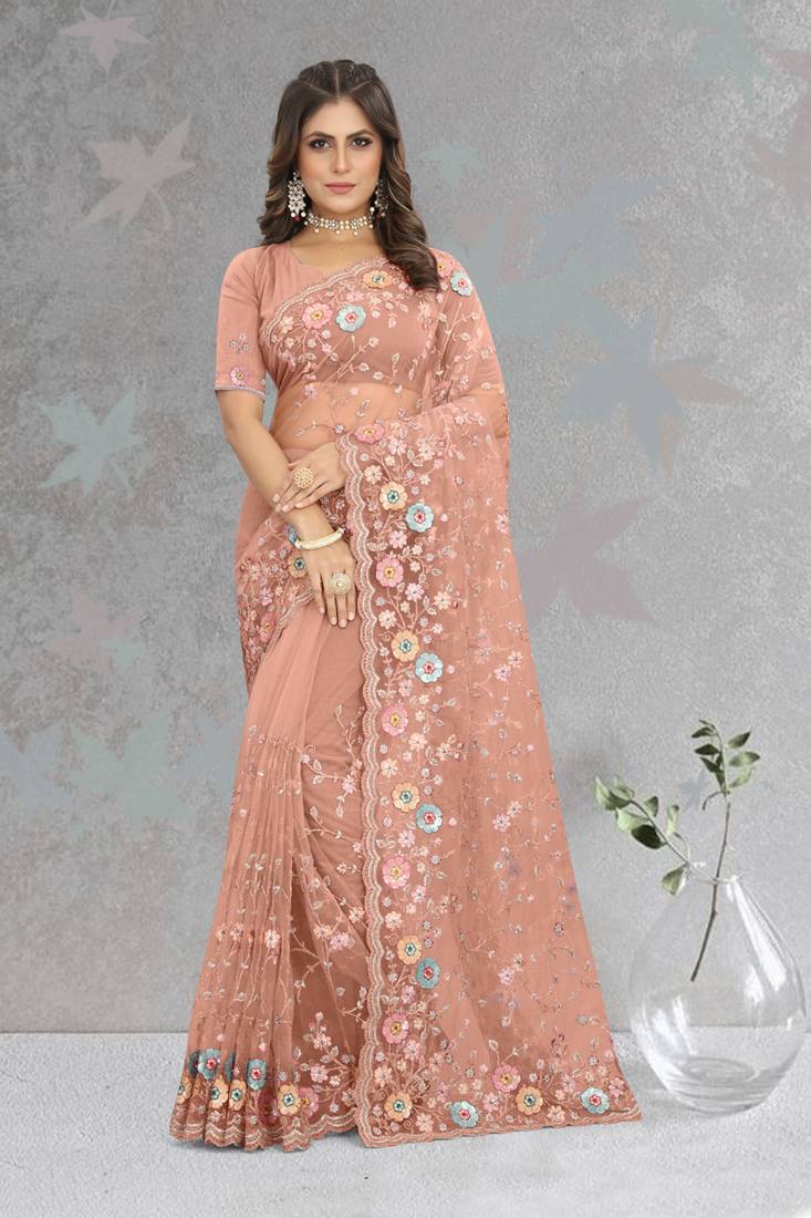 Designer Peach Multi Sequence Embroidery Net Saree