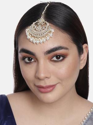 Laida gold-plated and white kundan chand style & pearl beaded maang tikka 1