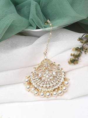Laida gold-plated and white kundan chand style & pearl beaded maang tikka 2