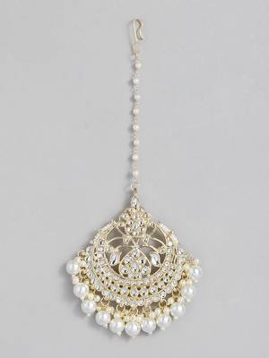 Laida gold-plated and white kundan chand style & pearl beaded maang tikka 3