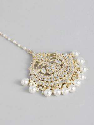Laida gold-plated and white kundan chand style & pearl beaded maang tikka 4