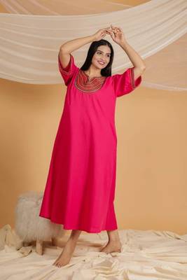 FUCHSIA PINK EMBROIDERED SHORT NIGHT DRESS 1
