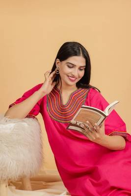 FUCHSIA PINK EMBROIDERED SHORT NIGHT DRESS 5