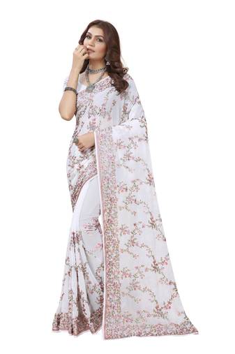 White Heavy Resham Embroidery Work Georgette Saree