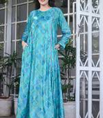 SEA BLUE MOROCCAN GEOMETRIC PRINT VELVET KAFTAN NIGHTY