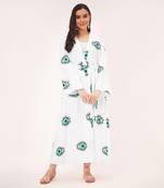 White and cyan evil eye cotton long cover-up with embroidered patch and belt