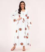 White and orange evil eye cotton long cover-up with embroidered patch and belt