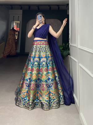 Navy Blue Banarasi Silk Zari Woven Lehenga Choli 3