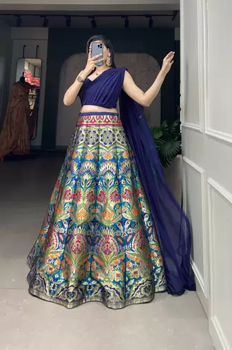 Navy Blue Banarasi Silk Zari Woven Lehenga Choli