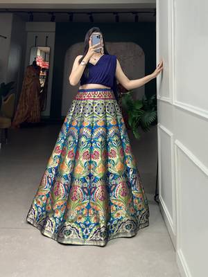 Navy Blue Banarasi Silk Zari Woven Lehenga Choli 4