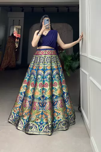 Navy Blue Banarasi Silk Zari Woven Lehenga Choli