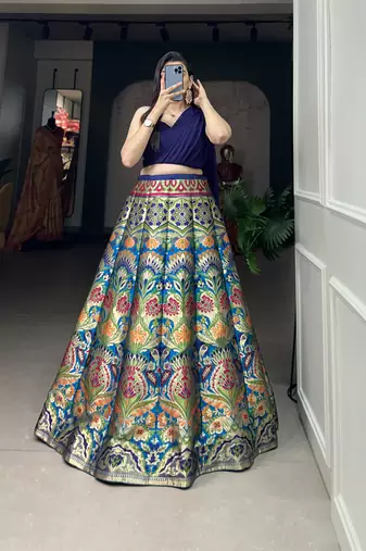 Navy Blue Banarasi Silk Zari Woven Lehenga Choli