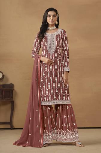 Light brown faux georgette embroidered salwar kameez