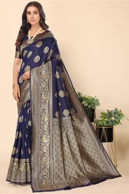 Navy Blue Woven Silk Blend Saree With Blouse 1