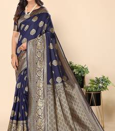 Navy Blue Woven Silk Blend Saree With Blouse