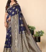 Navy Blue Woven Silk Blend Saree With Blouse