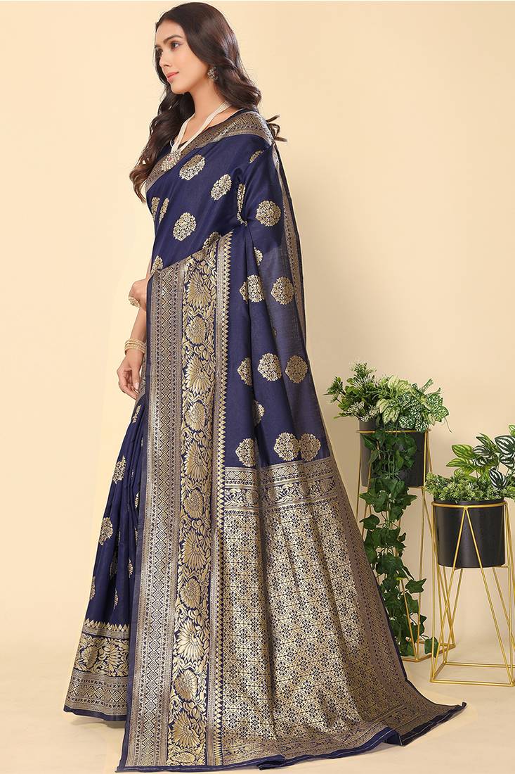 Navy Blue Woven Silk Blend Saree With Blouse