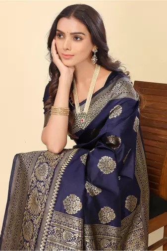 Navy Blue Woven Silk Blend Saree With Blouse