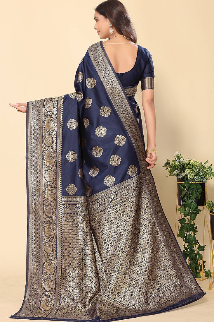 Navy Blue Woven Silk Blend Saree With Blouse