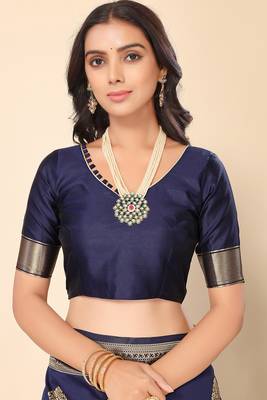 Navy Blue Woven Silk Blend Saree With Blouse 6