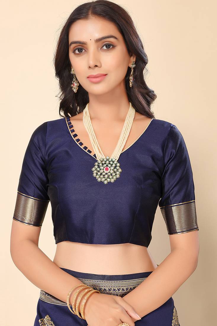 Navy Blue Woven Silk Blend Saree With Blouse