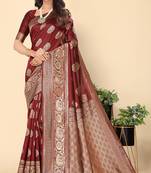 Maroon Woven Silk Blend Saree With Blouse