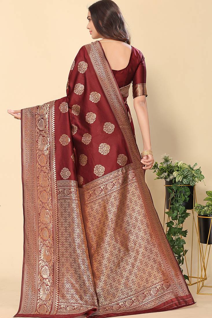 Maroon Woven Silk Blend Saree With Blouse