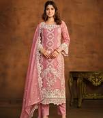 Pink soft organza heavy thread embroidery with sequins work salwar kameez