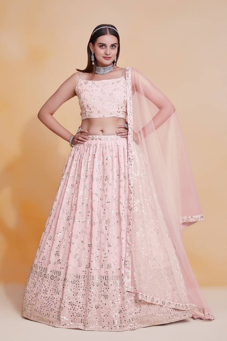 Designer Peach Sequins Embroidery Work Lehenga Choli With Dupatta 