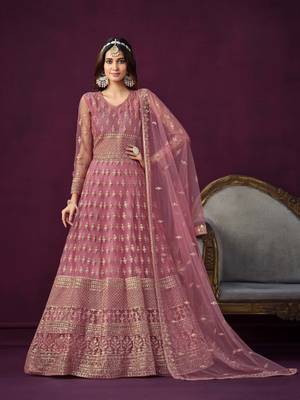 Pink net thread embroidery zari sequins work salwar kameez 1