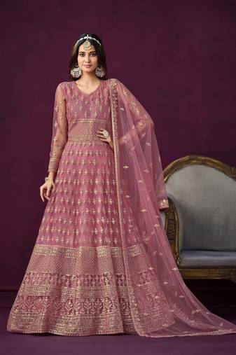 Pink net heavy thread embroidery, zari with sequins work salwar kameez