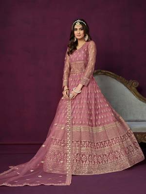 Pink net thread embroidery zari sequins work salwar kameez 2