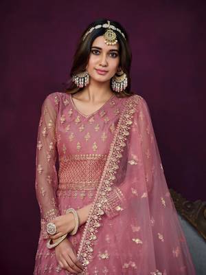 Pink net thread embroidery zari sequins work salwar kameez 3