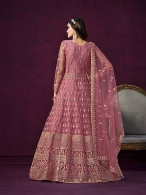 Pink net thread embroidery zari sequins work salwar kameez 4