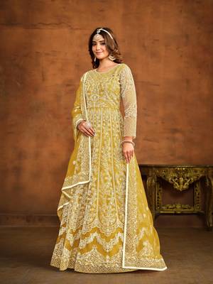 Yellow net heavy thread embroidery work salwar kameez 2