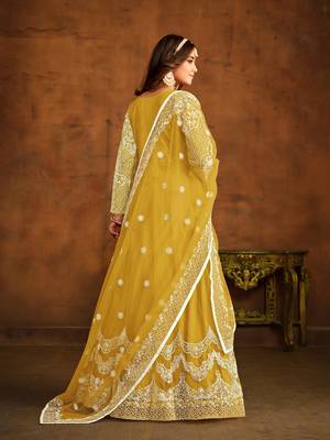 Yellow net heavy thread embroidery work salwar kameez 3