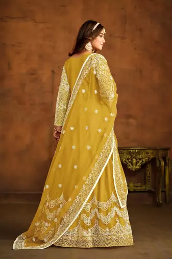 Yellow net heavy thread embroidery work salwar kameez