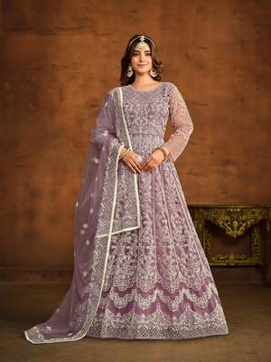Light purple net heavy thread embroidery work salwar kameez 1
