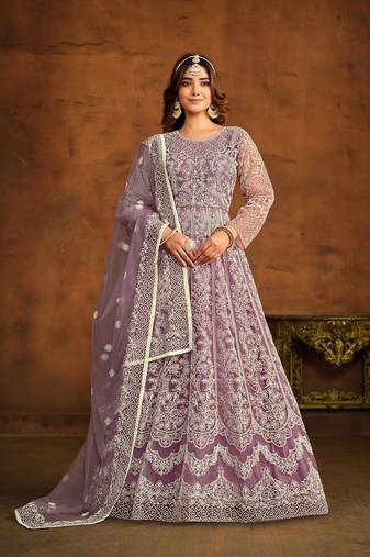 Light purple net heavy thread embroidery work salwar kameez