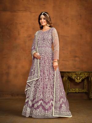 Light purple net heavy thread embroidery work salwar kameez 2