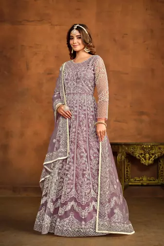 Light purple net heavy thread embroidery work salwar kameez