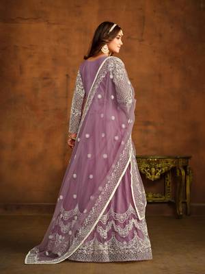 Light purple net heavy thread embroidery work salwar kameez 3