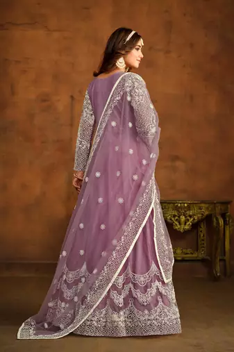 Light purple net heavy thread embroidery work salwar kameez