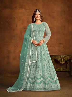 Sea green net heavy thread embroidery work salwar kameez 1