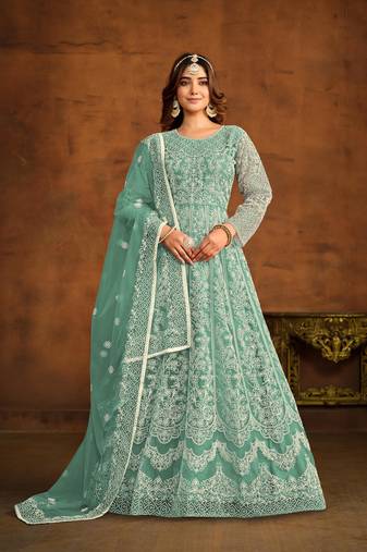 Sea green net heavy thread embroidery work salwar kameez