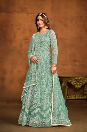 Sea green net heavy thread embroidery work salwar kameez