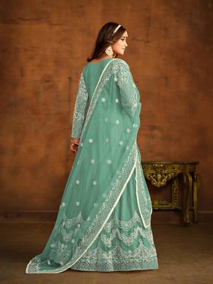 Sea green net heavy thread embroidery work salwar kameez 3