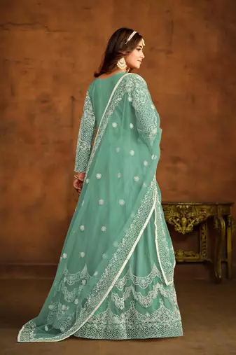 Sea green net heavy thread embroidery work salwar kameez