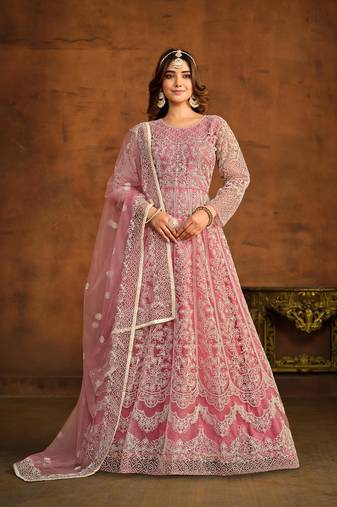 Pink net heavy thread embroidery work salwar kameez